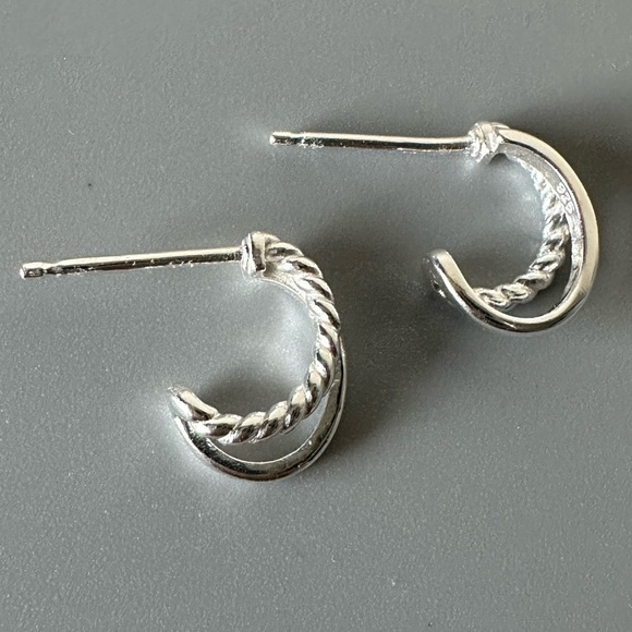 Sterling Silver Double Hoop Smooth and Twist Tiny Huggy Earrings - Picture 7 of 13